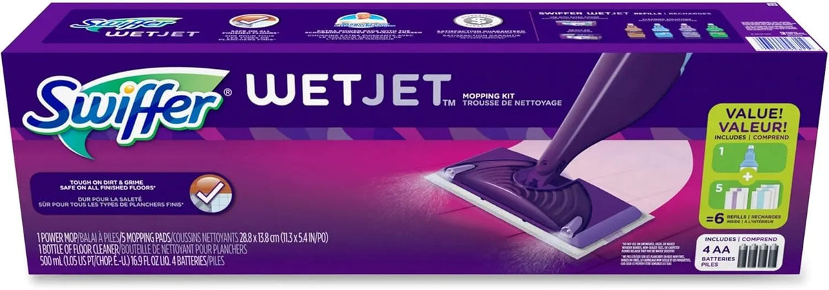 Swiffer Wet Jet Mop, Floor Cleaner for Mopping Wood, Laminate, Tile in Home, Bathroom, Kitchen, All Purpose Multi-Surface Cleaning Set includes 1 Spray Mop, 5 Pads Refill, 1 Fresh Scent Solution
