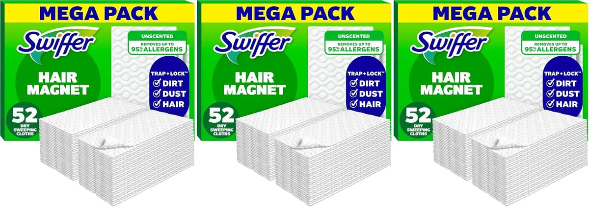 Swiffer Sweep + Mop,Dry Pads Refill,Floor Cleaner for Dirt,Dust,Hair,Cleaning Cloths for Mopping Home,Bathroom,Kitchen,Dust Mop,Floor Duster,Unscented,52ct,(Pack of 3)