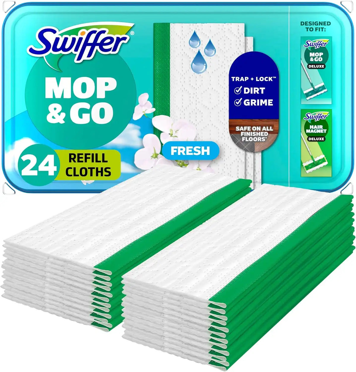 Swiffer Sweep + Mop, Wet Pads Refill, Floor Cleaner for Dirt, Dust, Hair, Cleaning Cloths for Mopping Home, Bathroom, Kitchen, All Purpose Multi-Surface Floor Wipes, Fresh, 24ct