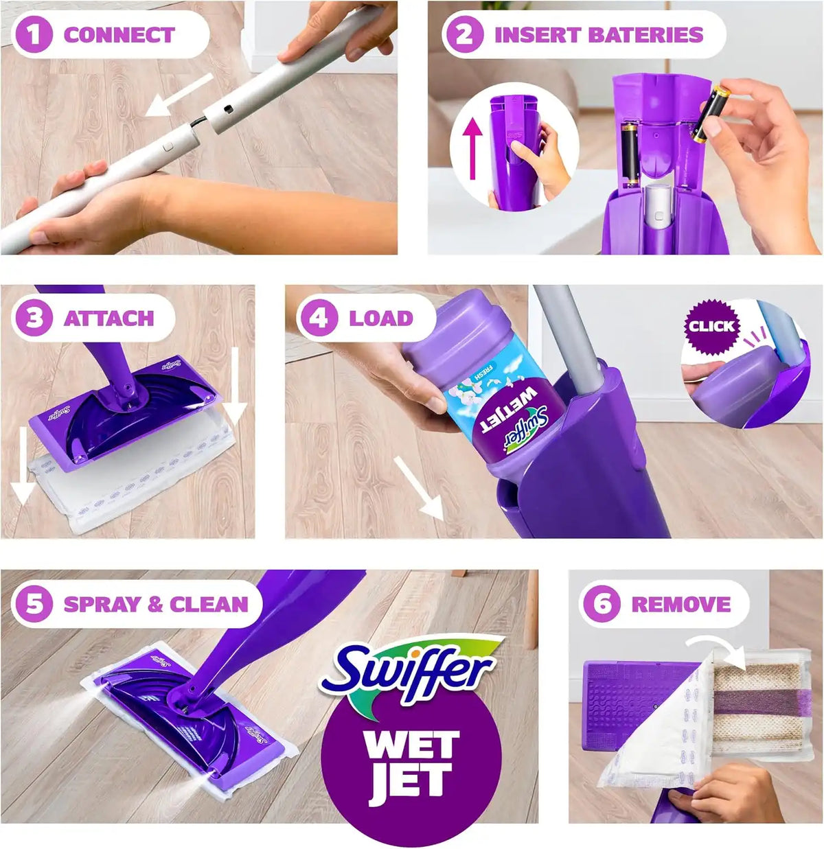 Swiffer WetJet Hardwood and Floor Spray Mop Cleaner Starter Kit, Includes: 1 Power Mop, 10 Pads, Cleaning Solution, Batteries