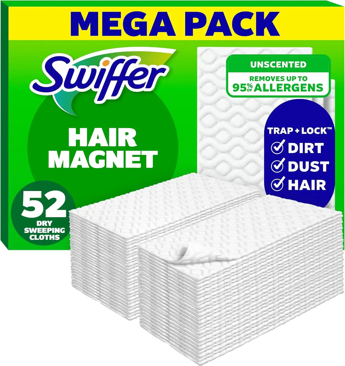 Swiffer Sweep + Mop, Dry Pads Refill, Floor Cleaner for Dirt, Dust, Hair, Cleaning Cloths for Mopping Home, Bathroom, Kitchen, Dust Mop, Floor Duster, Unscented, 52ct