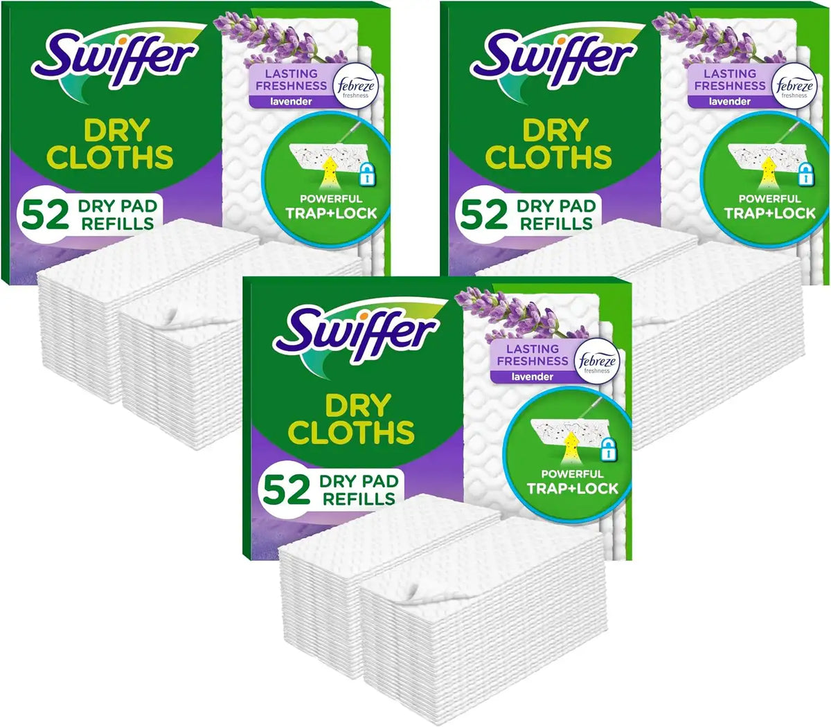 Swiffer Sweep + Mop, Dry Pads Refill, Floor Cleaner for Dirt, Dust, Hair, Cleaning Cloths for Mopping Home, Bathroom, Kitchen, Dust Mop, Floor Duster, Lavender, 52ct (Pack of 3)